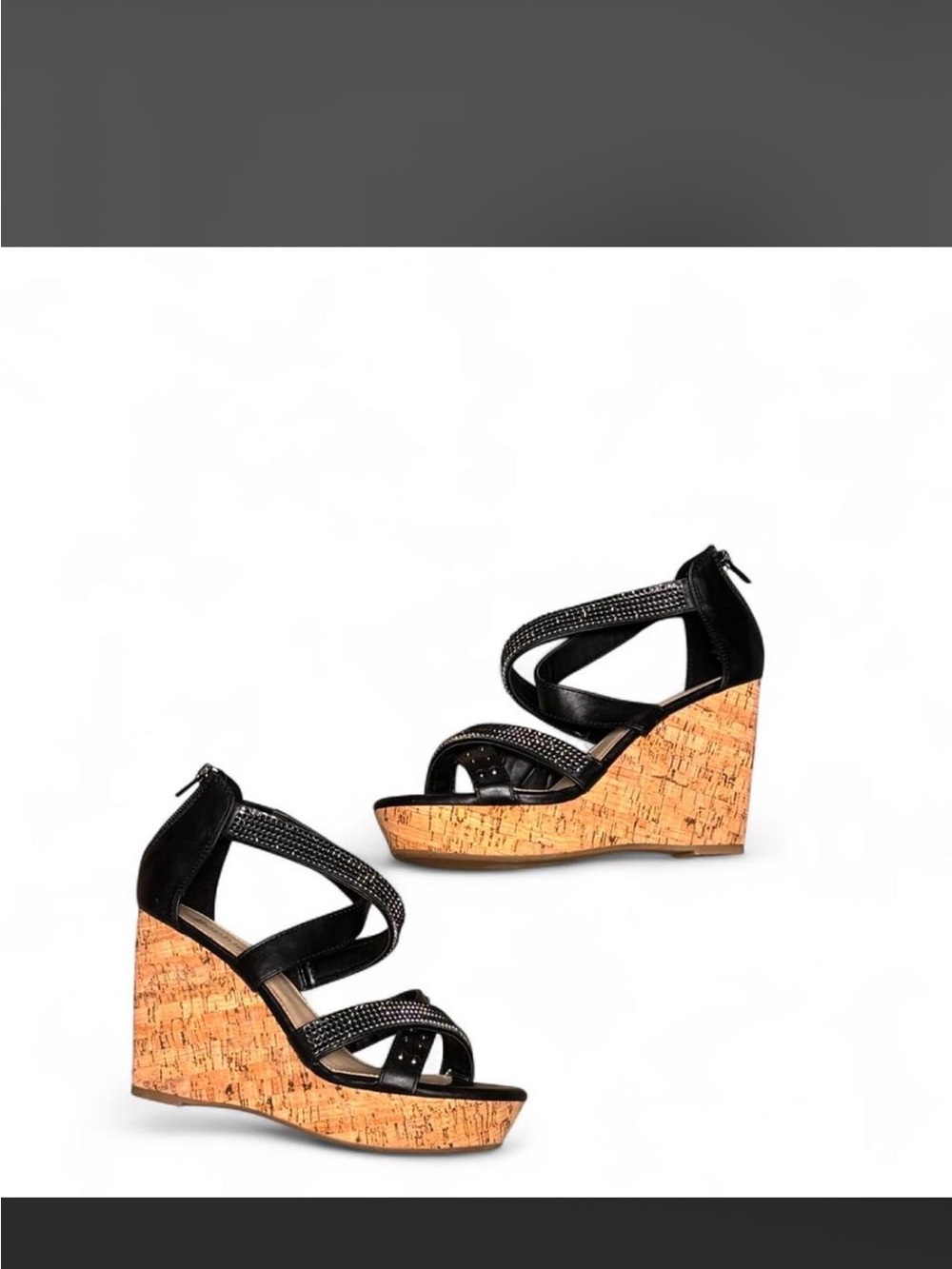 Sophia Max Black Cork Wedge Sandals with Rhinestone Straps